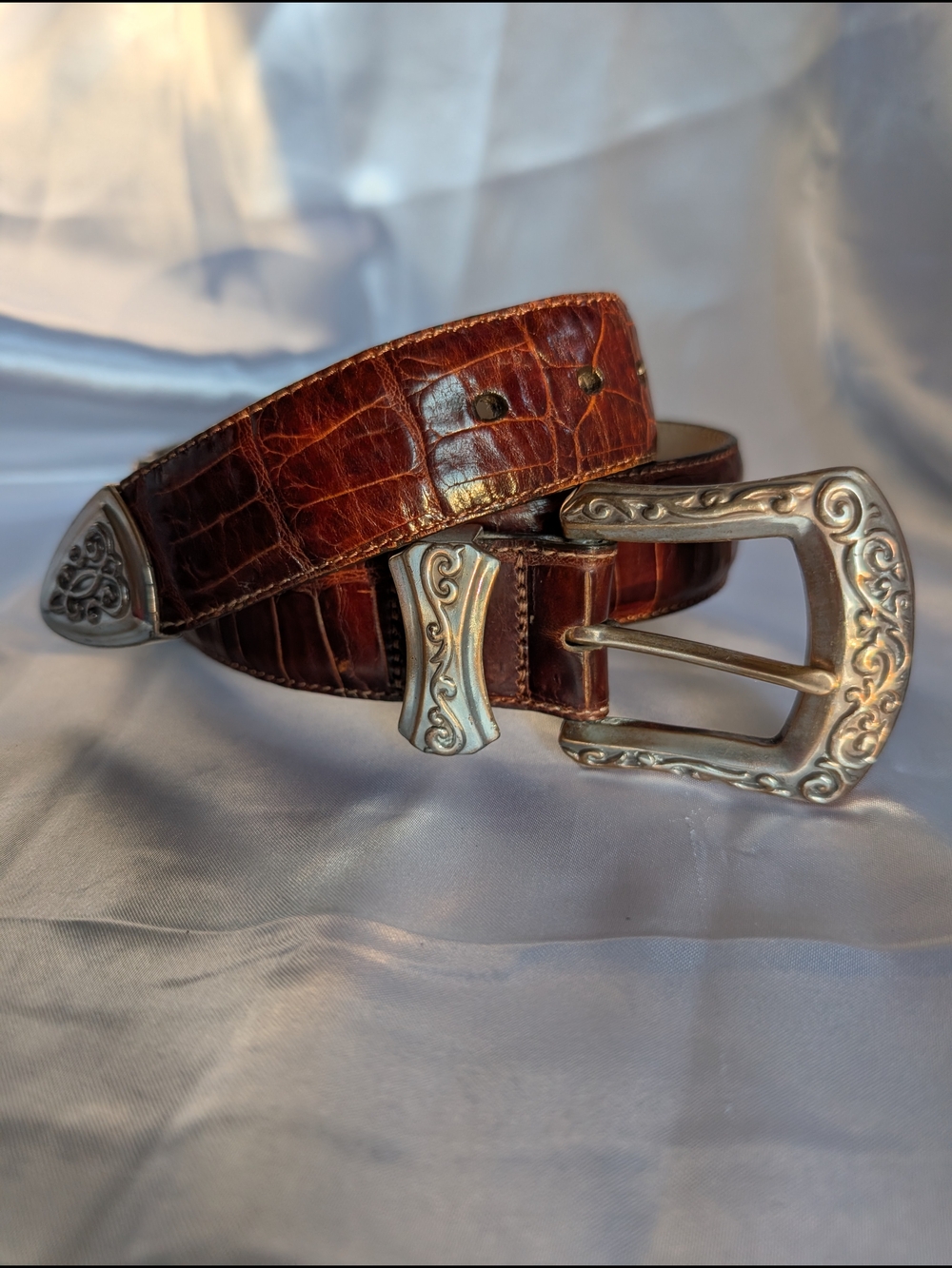 Vintage Brighton 1994 Croc Embossed Leather Western Belt 44607 Brown Size M